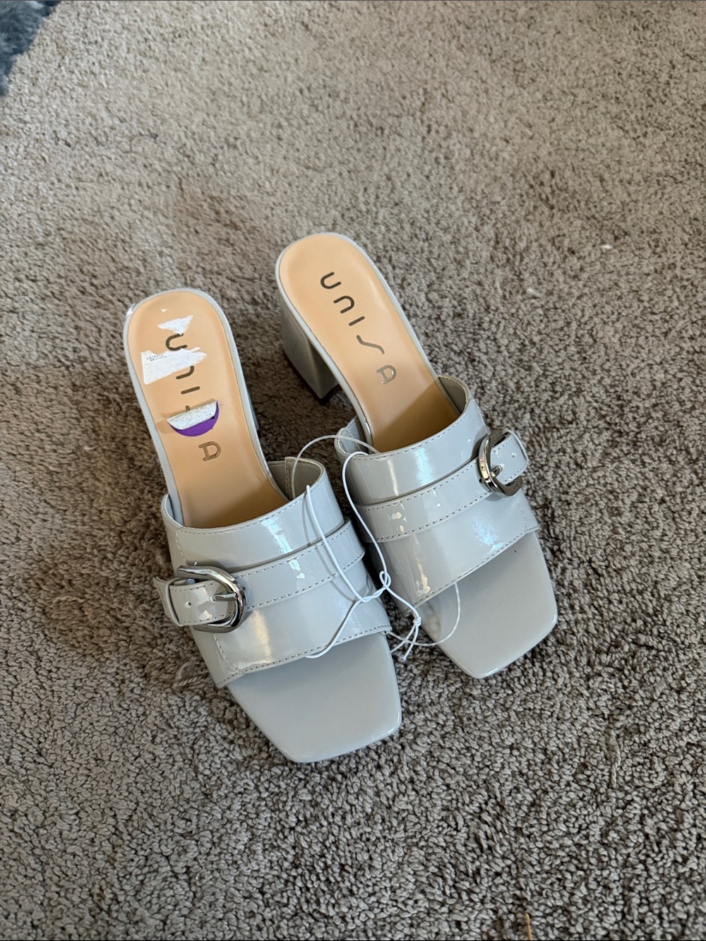 Unisa Gray Patent Buckle Block Heel Mules